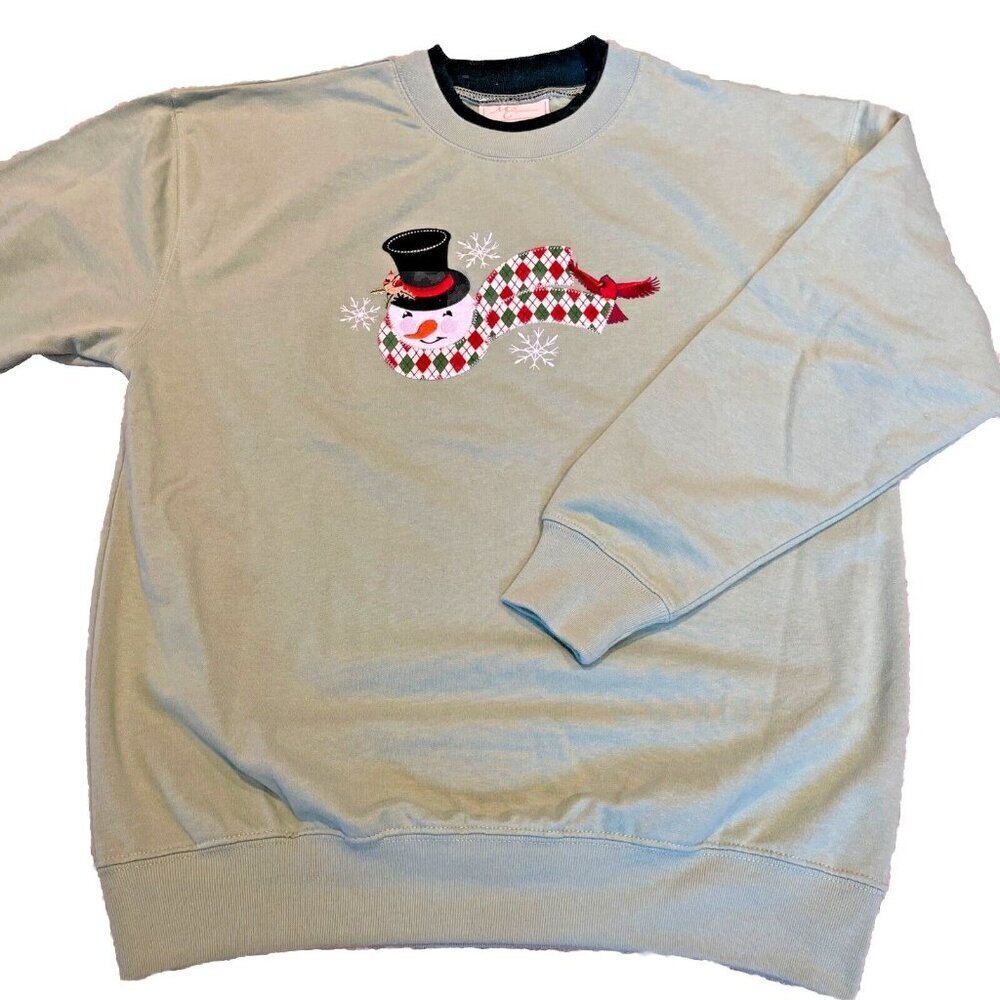 Vintage M&C Sportswear Snowman Sweatshirt Women's M Green Holiday Winter Birds